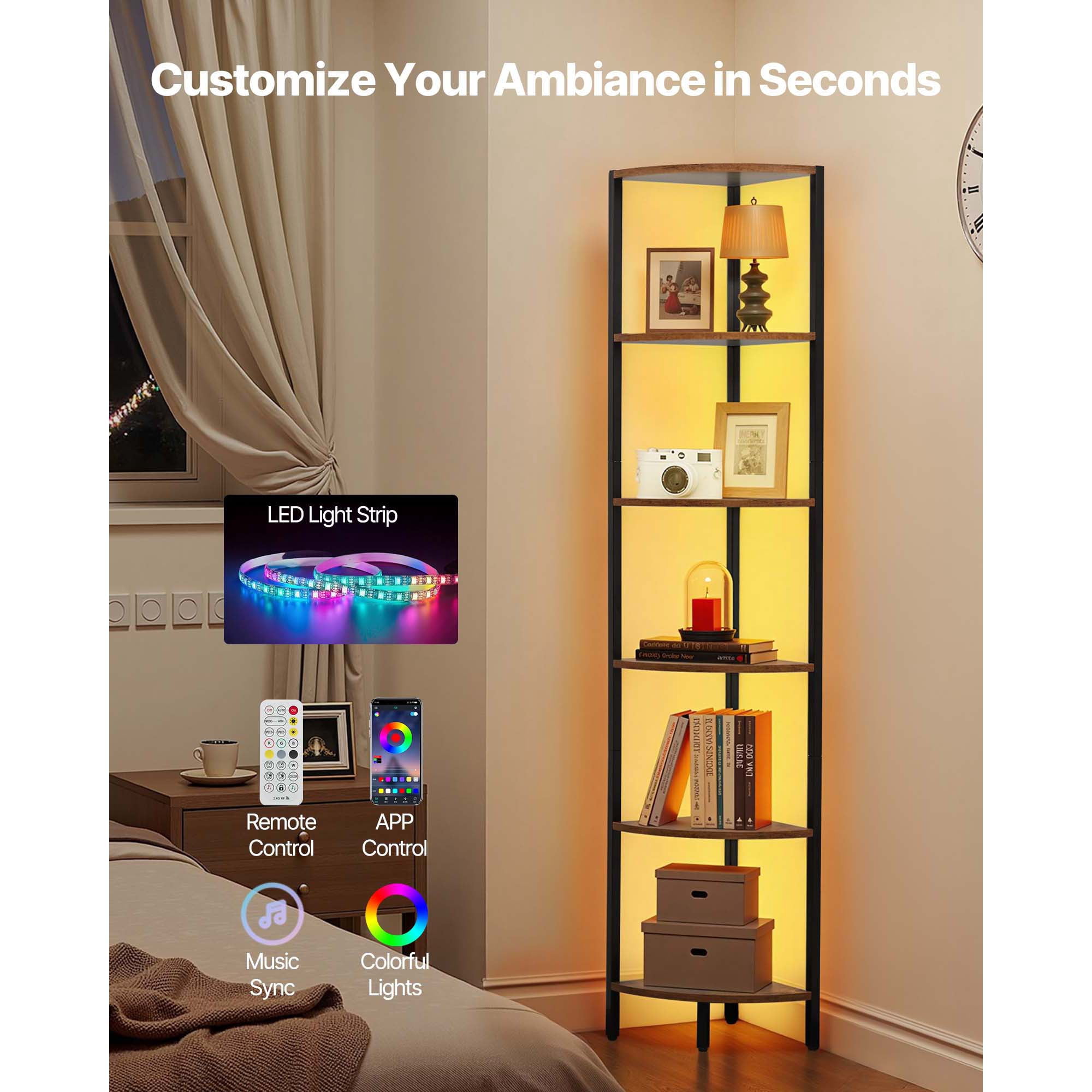 KFFKFF 6-Tier Corner Shelf with LED Lighting, 68" Tall Storage Unit for Collectibles, Display Shelf with Adjustable Multi-Color Lights Controlled by Remote or App for Bedroom, Living Room, or Office