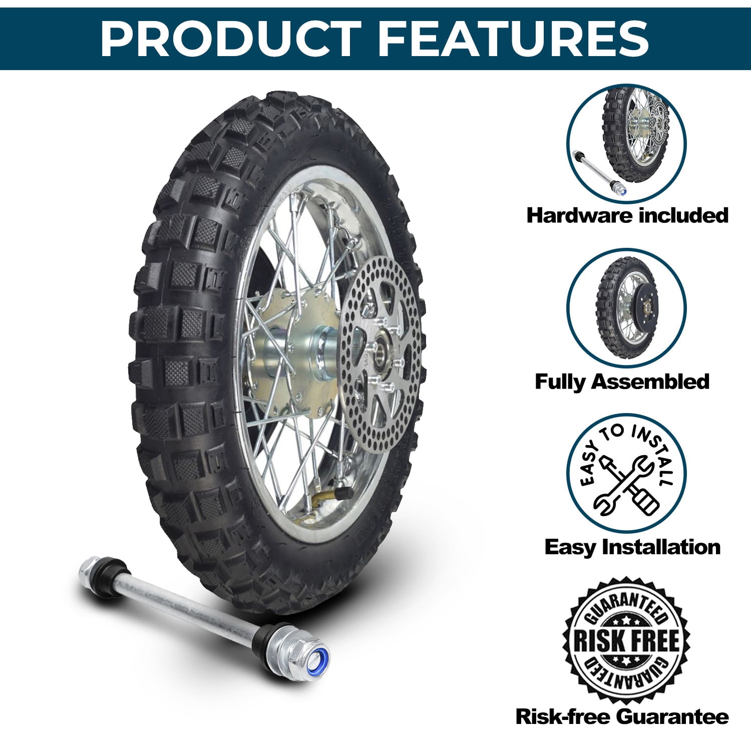 AlveyTech Rear Wheel Assembly for Razor MX500 and MX650 Dirt Rocket Replacement Rubber Tube Tire