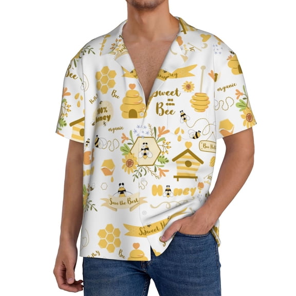 Rateoe Farm Bee Cute Honey Pattern Men's Short Sleeve Classic Shirt, Casual Short-Sleeved Shirt, Lightweight Summer Shirt, Cuban Collar Shirt,Button-Front Shirt-Small