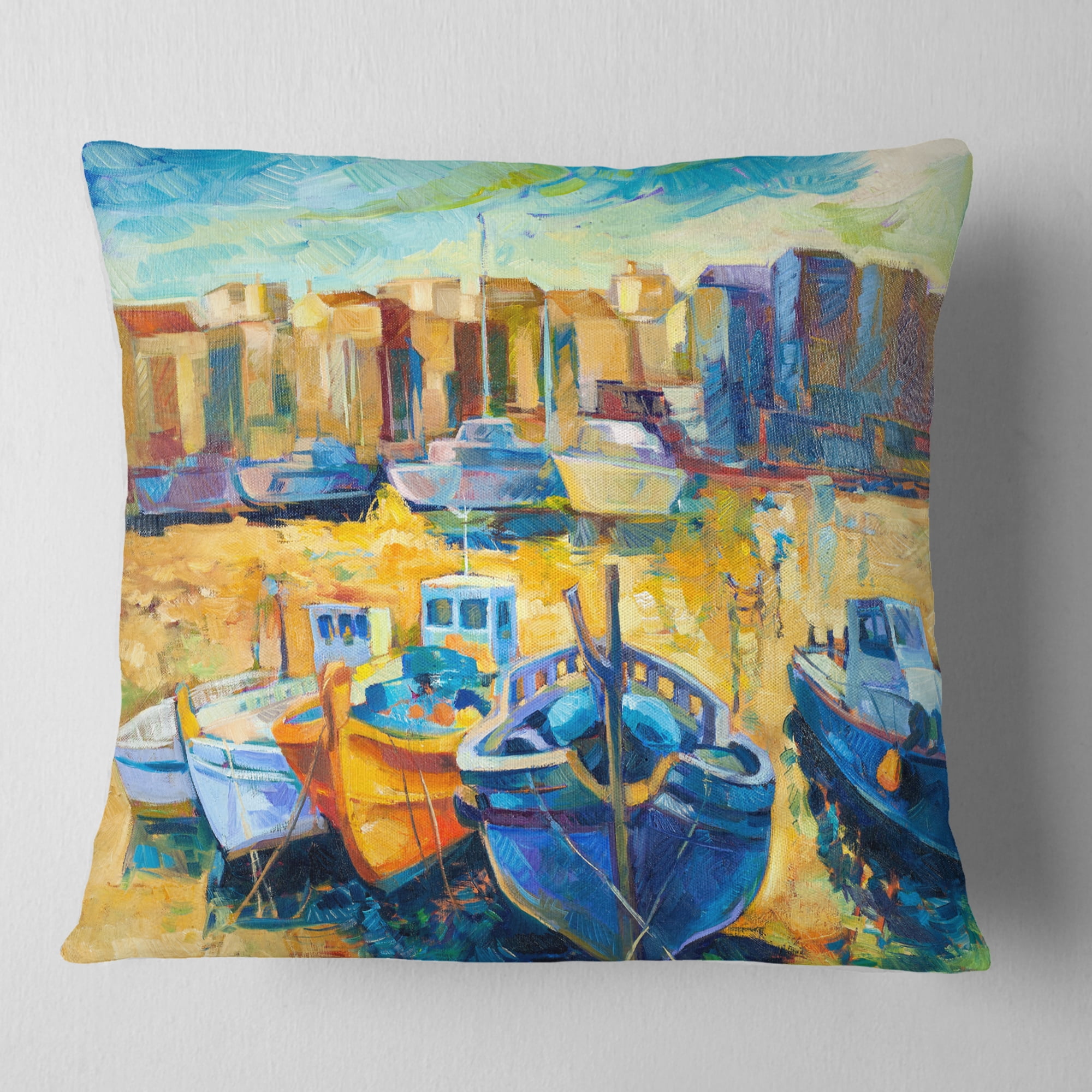 Designart Wharf and Boats - Seascape Throw Pillow - 16x16