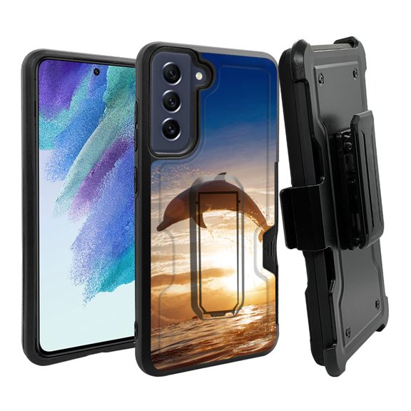 ANJ  Rugged Dual Layer Hybrid Holster Kickstand Case w/ Card Slot   Tempered Glass Cover for Samsung Galaxy S21 FE 5G - Jumping Dolphin