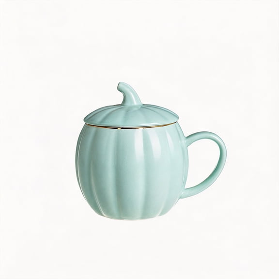 Cevemin 400ml Pumpkin Glazed Ceramic Mug With Lid - Porcelain Tea Cocoa Drink Cup For Kitchen Desk Halloween Holiday Tabletop Decor - Available in Sweet, Mint Green, Cream Yellow and Orange
