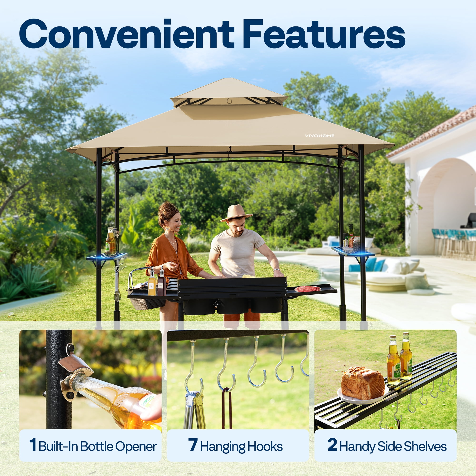 SPECSTAR 8' x 5' Grill Gazebo Canopy, Outdoor BBQ Gazebo Shelter with 2 Side Shelves & Double-Tiered Top, Taupe