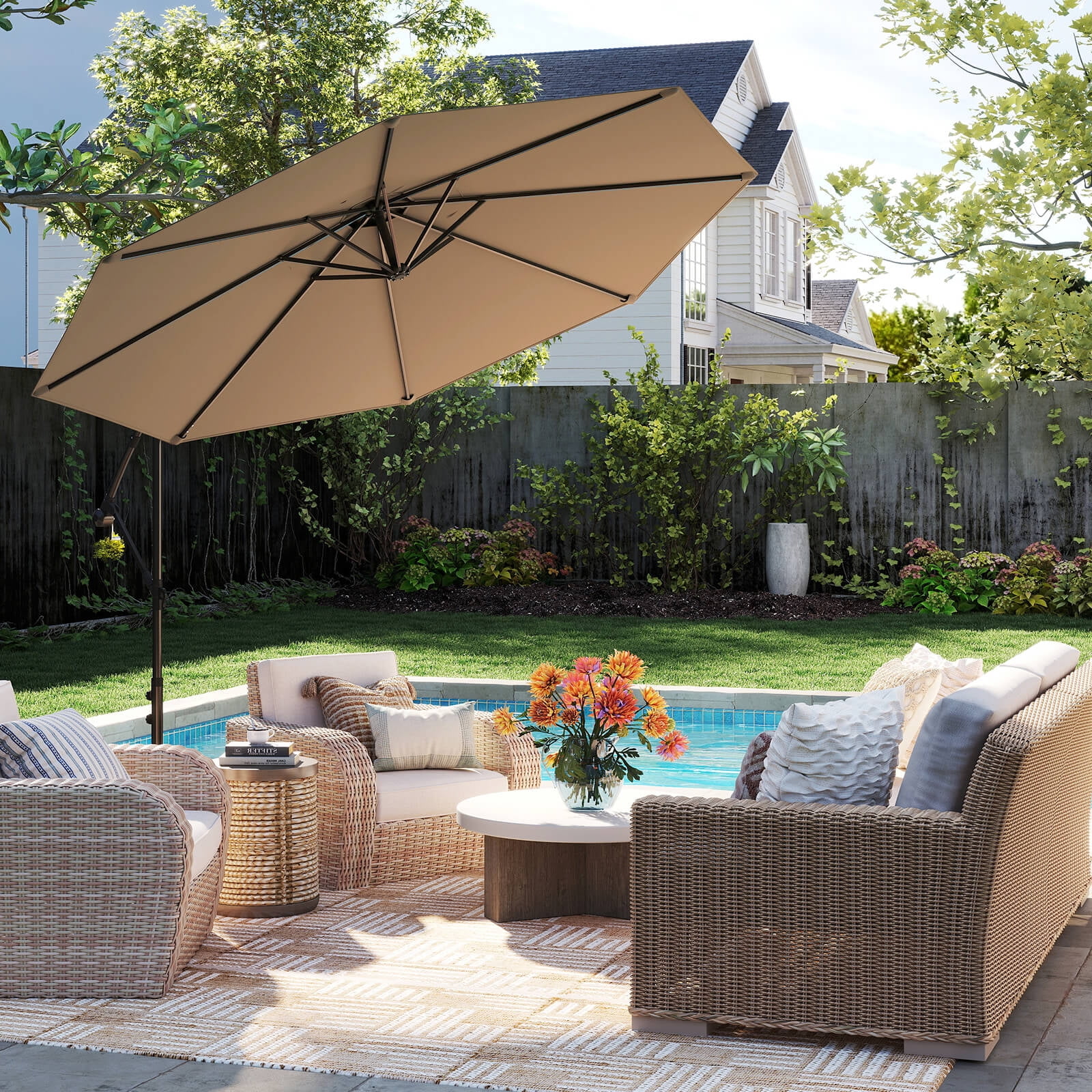 Costway 10ft Tan Patio Offset Hanging Umbrella, Fade Resistant