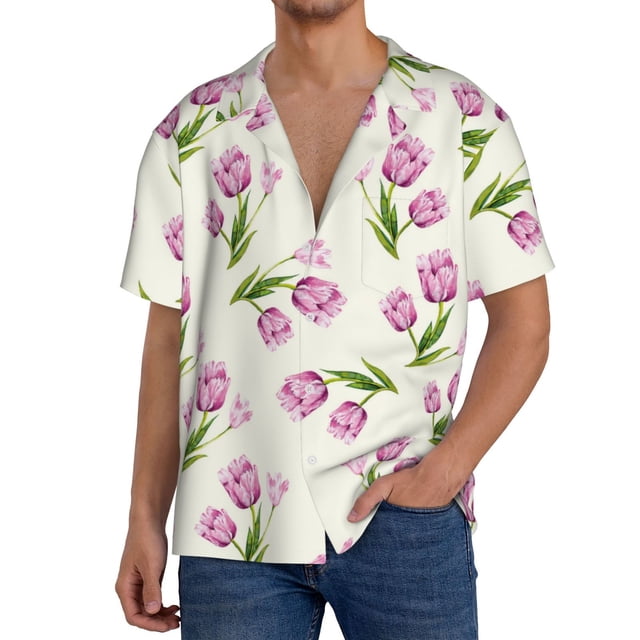 Balery Tulips Flowers Camisa Casual de Manga Corta con Botones para Hombre, Texturizada, Estilo Cubano, para Playa, Verano-Large
