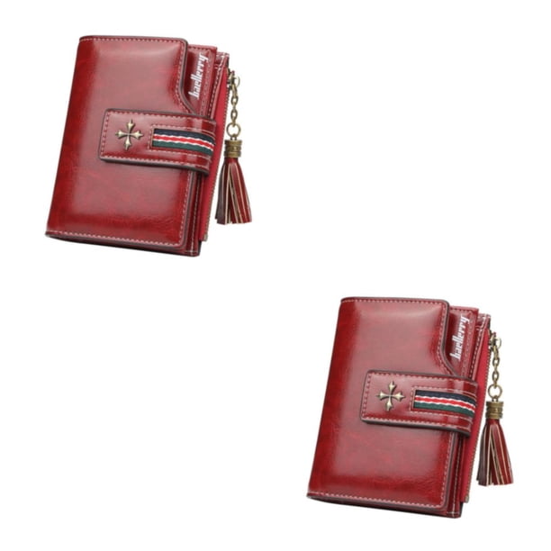 Sonducket Cartera de cuero con borla, monedero plegable para cambio de dinero, bolso de viaje para compras, tarjetero, regalo de cumpleaños, Rojo oscuro 2piezas