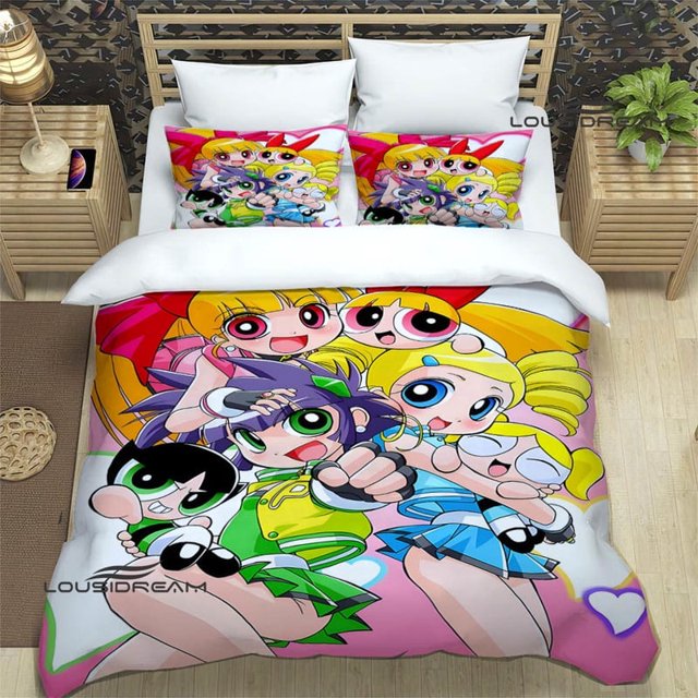 Juegos de cama con dibujos animados 3D de Powerpuff Girls, exquisitos suministros para la cama, juego de edredón, juego de cama de lujo, regalo de cumpleaños