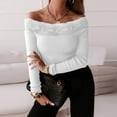 thumbnail image 2 of HAiming Women Long Sleeve off Shoulder Tops Solid Color Lace Patchwork Slim Ribbed Knit Shirts Casual Pullover Blouse, 2 of 8