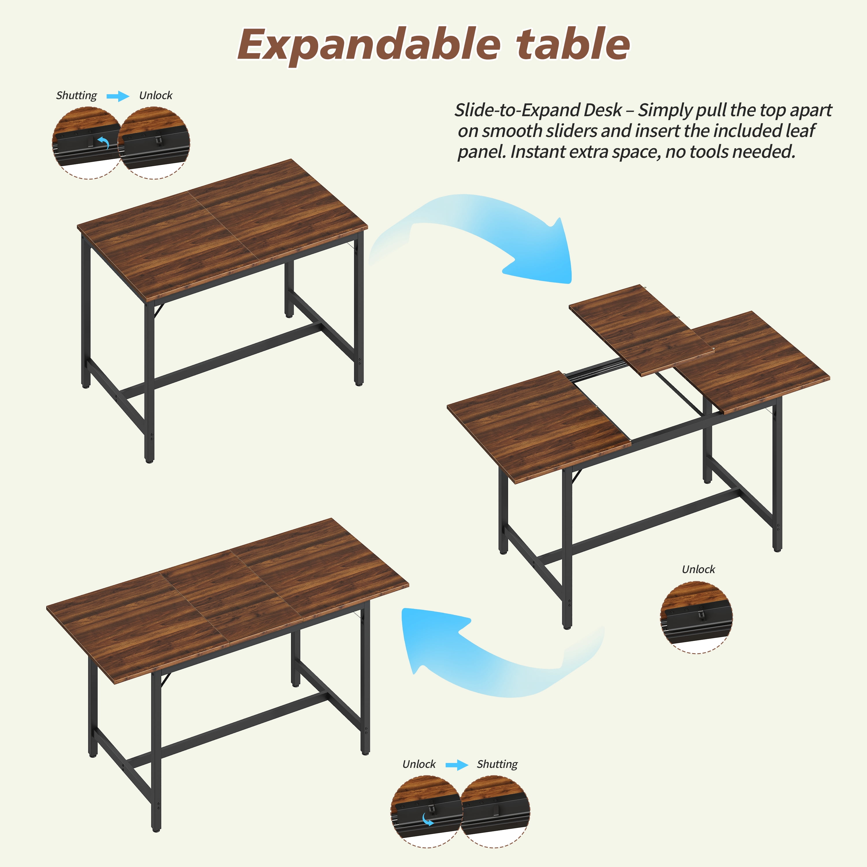 Aukfa 63" Extendable Dining Table Set for 4-8, 3-Piece Kitchen Table Set with 2 Benches & 2 Stools, Space Saving Wood Table & Metal Frame,Walnut