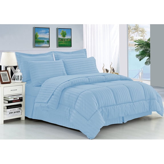 Celine Linen Wrinkle Resistant - Luxury Silky Soft Dobby Stripe Bed-in-a-Bag 8-Piece Comforter Set --HypoAllergenic - King Light Blue