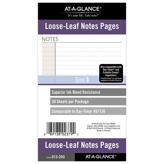 AT-A-GLANCE Undated Notes Pages, Loose-Leaf , 6 Ring, Portable Size, 3 3/4" x 6 3/4"