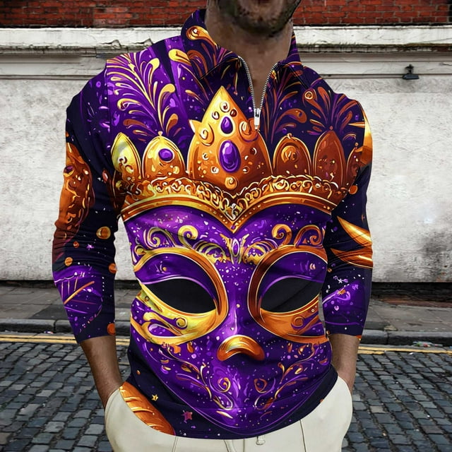 Ceisia Men's Slim-Fit Long-Sleeve Zip Polo Shirt with Mardi Gras Mask All-Over Print Gift