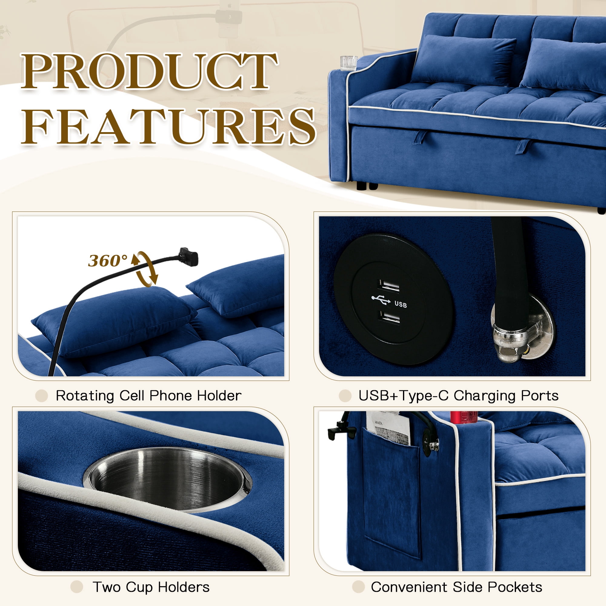 Dinosisco 4-in-1 Convertible Pull Out Sofa Bed, Loveseat Sleeper with Phone Stand, USB, Blue Velvet