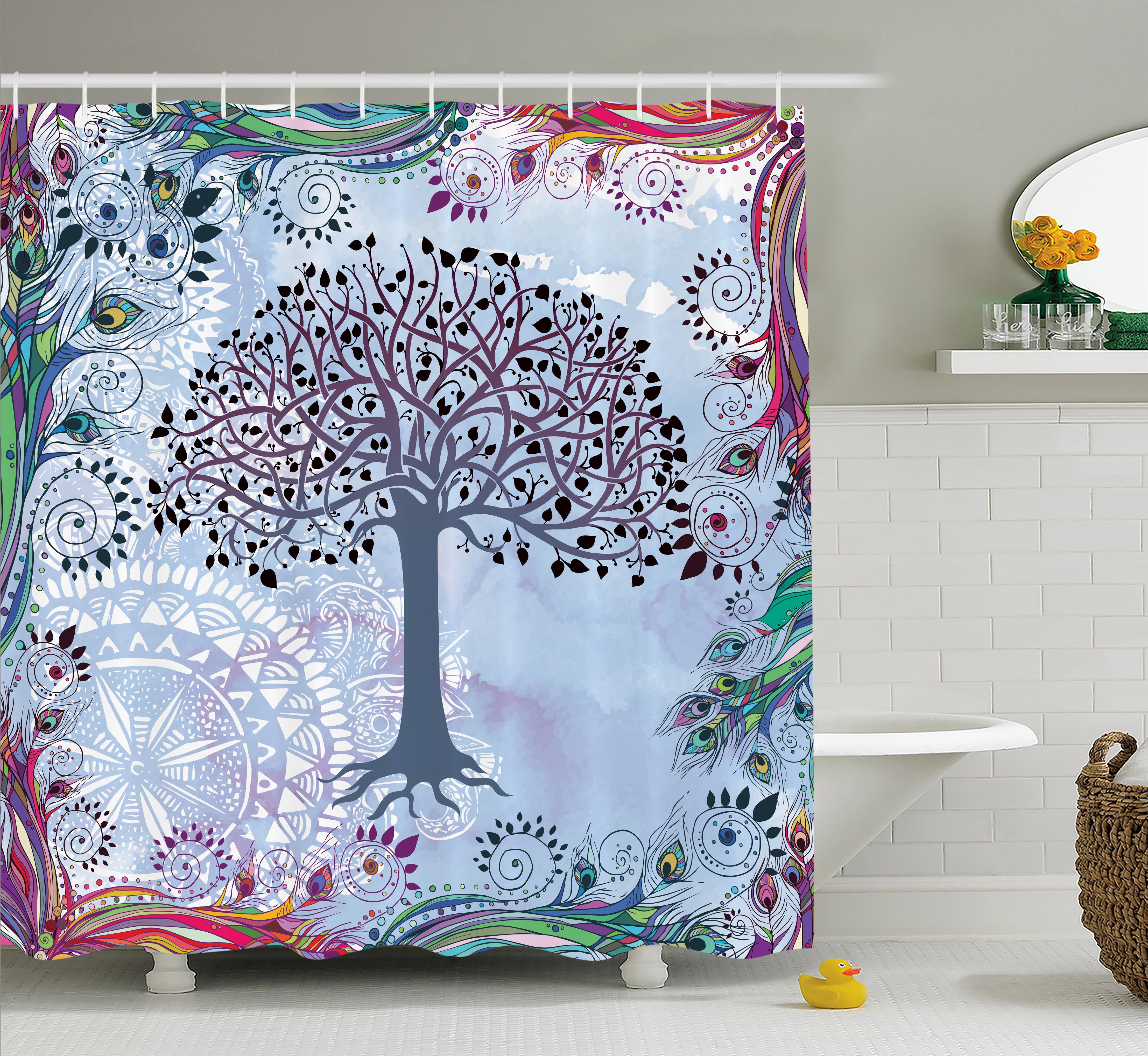 Nature Shower Curtain, Cute Tree of Life Motif with Peacock Feathers