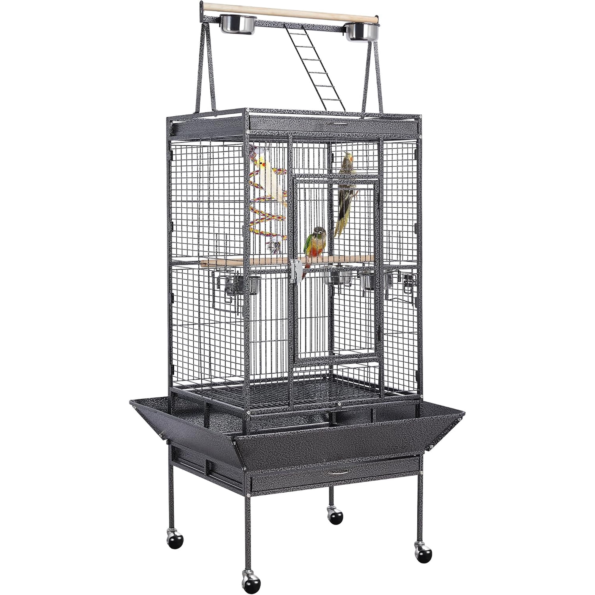 69" Large Bird Cage, Rolling Parrot Cage for Parakeets Cockatiels | Play Top with Ladder & Feeders, Slide-Out Tray, Rolling Stand, Wrought Iron Cage for Small Medium Birds, Indoor Outdoor