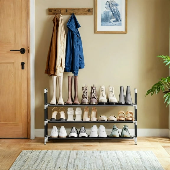 3-Tier Shoe Storage Rack for Hallway，Closet, Slim Space-Saving Design, Metal Frame & Non-Woven Shelves, Holds 12-15 Pairs, Easy Assembly, Black