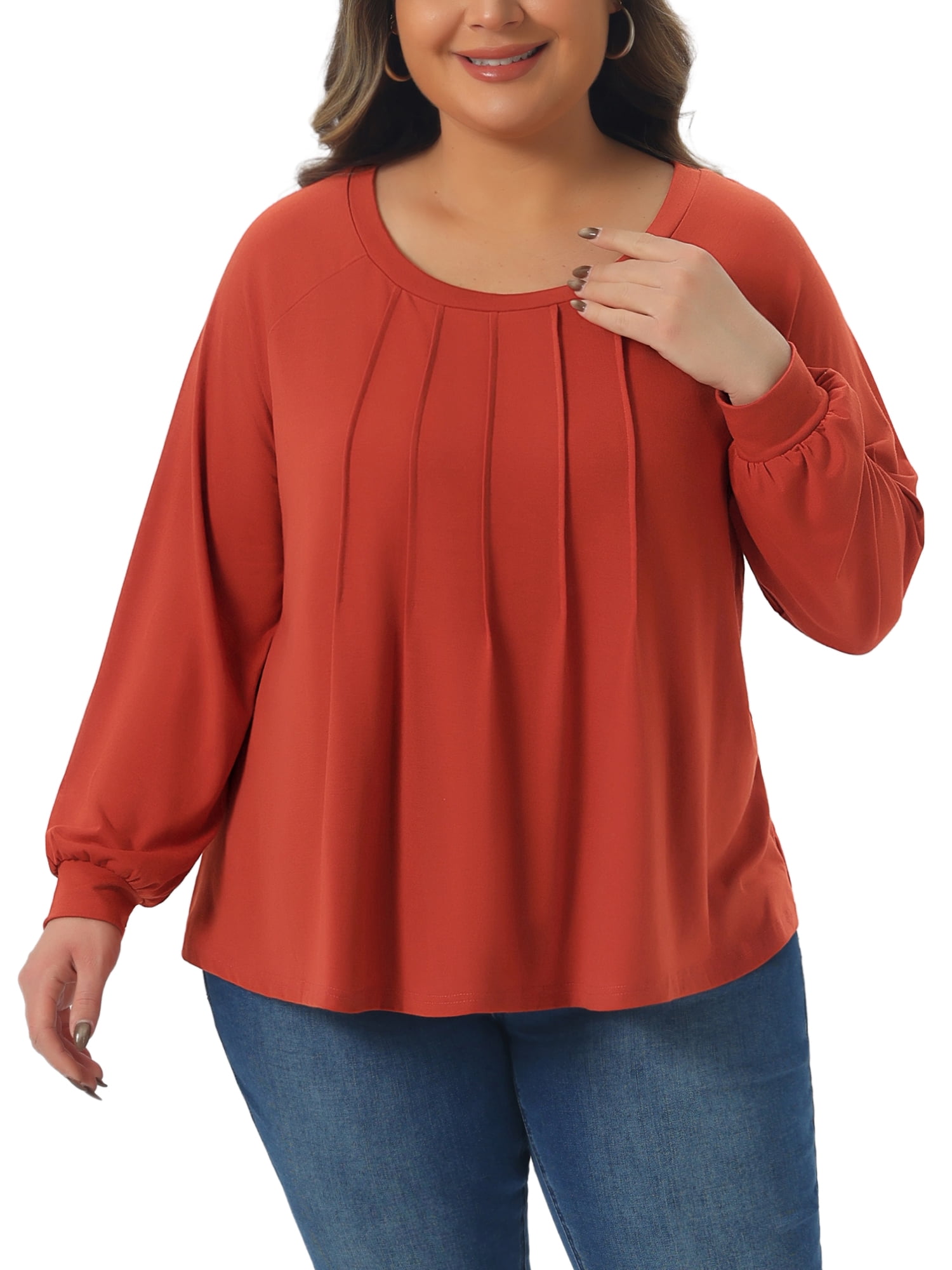 DARING DIVA Women's Plus Tunic Crew Neck Pleated Casual Blouse 4X Orange Red