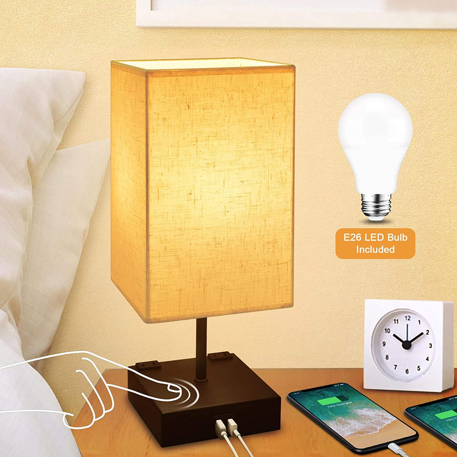 Small Lamps for Nightstand End Table Bedrooms & Living Room LED Bulb Included Black Fabric Lampshade Touch Control Bedside Lamp Black Sailstar 3 Way Dimmable Table Lamp with 2 USB and 2 Outlet