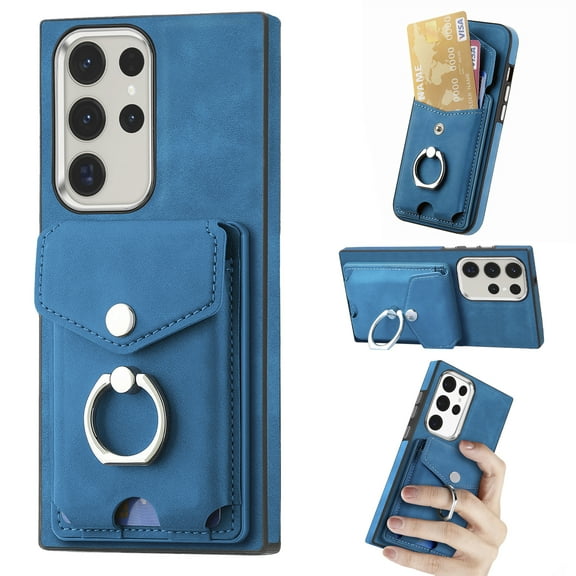 ELEHOLD Leather Wallet Case for Samsung Galaxy S23 Ultra Case with Back Card Holder Rotating Ring Holder Kickstand Slim Lightweight Shockproof Protective Case Work with Magnetic Car Mount Holder,blue