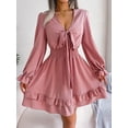 thumbnail image 3 of Women's Tie Front Smocked Waist Flounce Sleeve Mini Dress with Plunge Neckline Solid Color 100% Polyester Casual Chic, 3 of 12