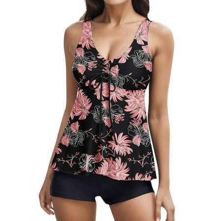 Women Swimsuits Floral Print Tank Top with Boyshorts Swimming Pink Bathing Suits for Women S