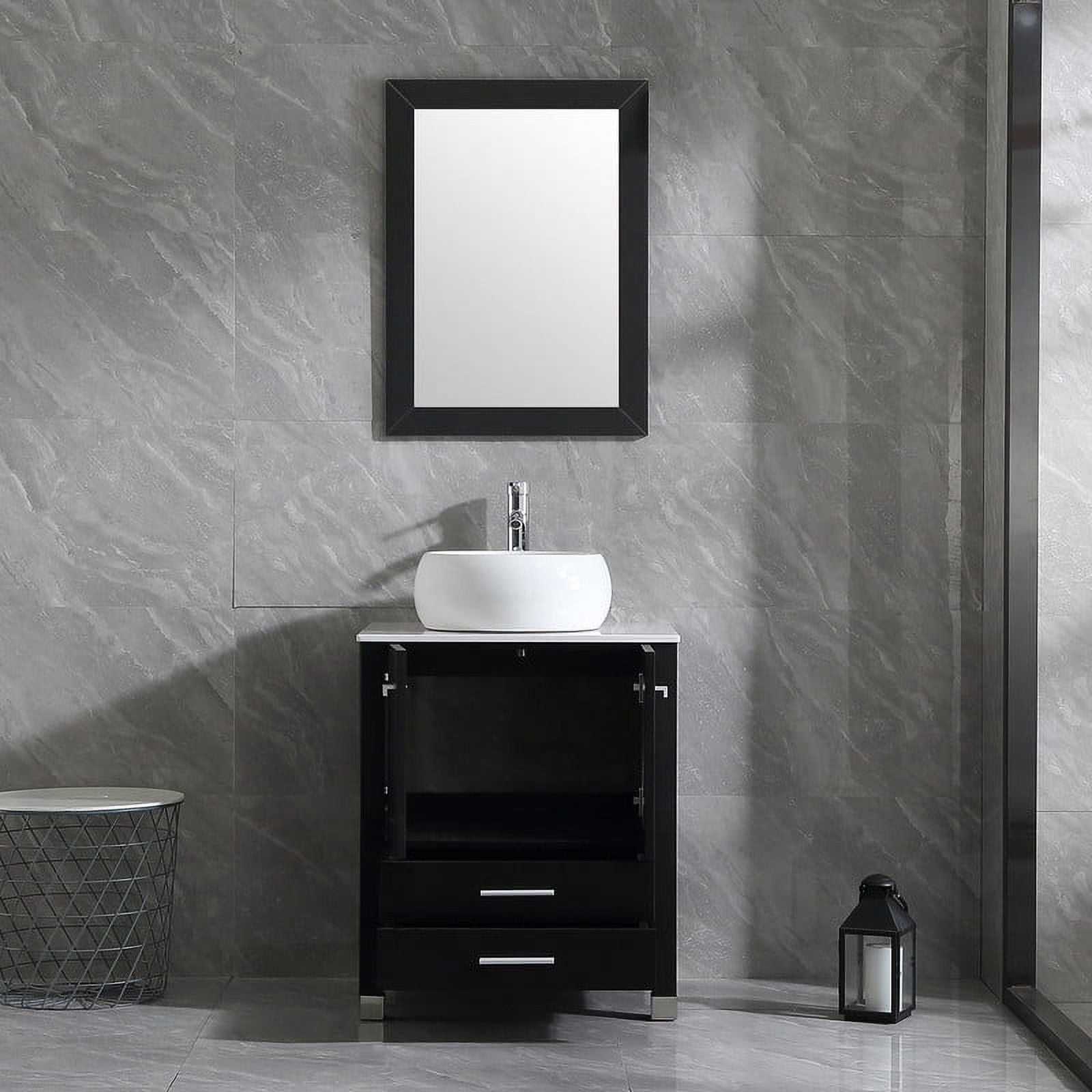 Walsport 24" Luxurious Bathroom Vanity Set with Mirror Black Cabinet and White Ceramic Vessel Sink 2 Large Sliding Drawers and 2-Door Pop-up Drain Faucet