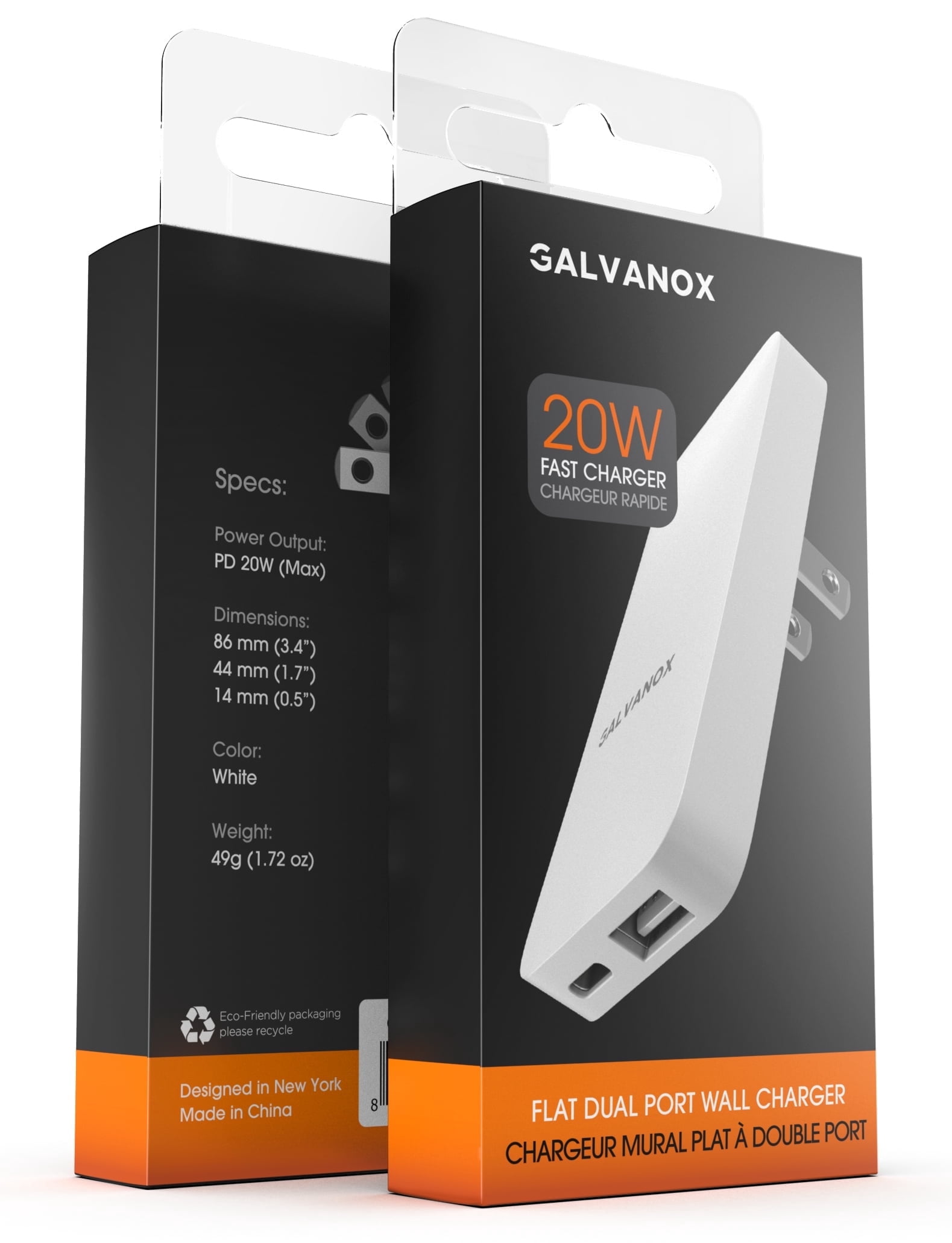 Type C Flat Wall Charger, Galvanox Ultra Slim (Multi-Port Power Adapter) for iPhone 11/12 iPhone 13 Pro/Max and Samsung Galaxy Models, 20W Fast Charging Outlet Plug - 2 Pack (Dual USB-C USB-A)