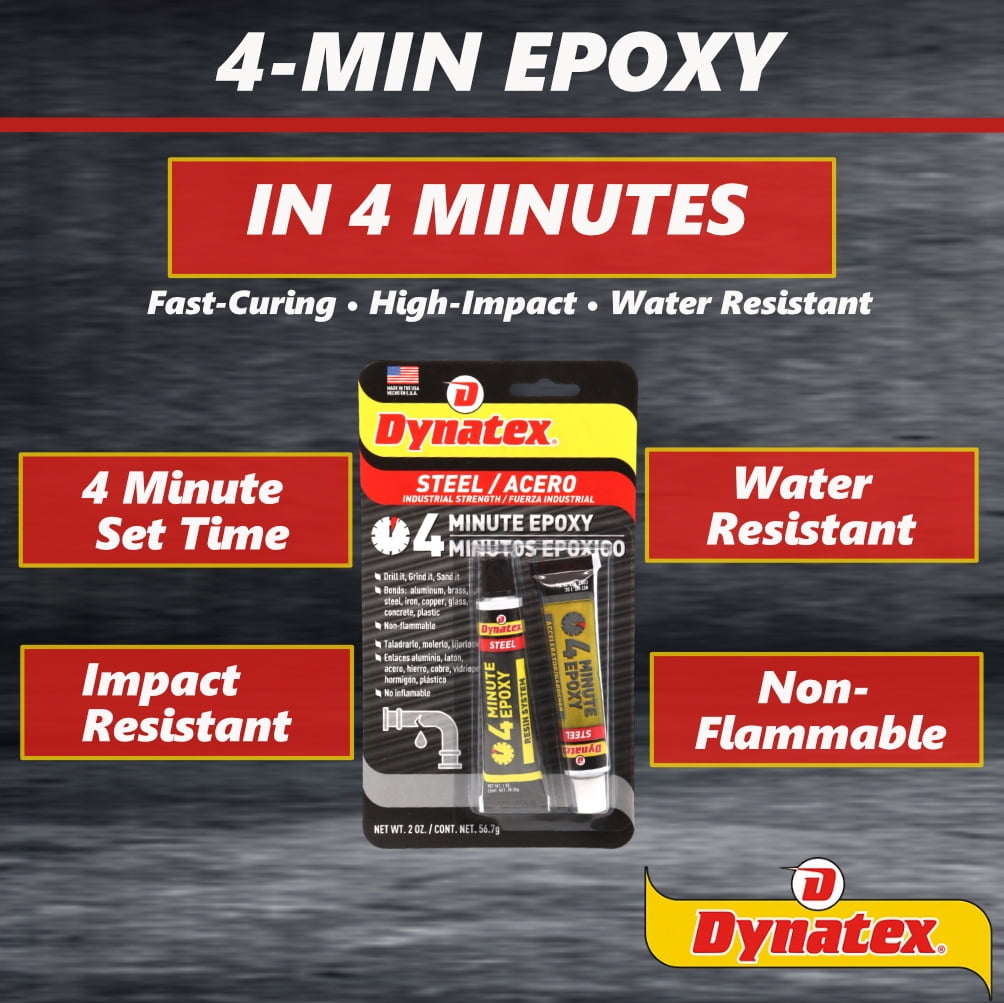 Dynatex 4 Minute Steel Epoxy Adhesive 2 oz - Fast Set, Steel-Like Cure, Bonds & Repairs Metal Wood Masonry, Drillable Sandable (10-Pack)