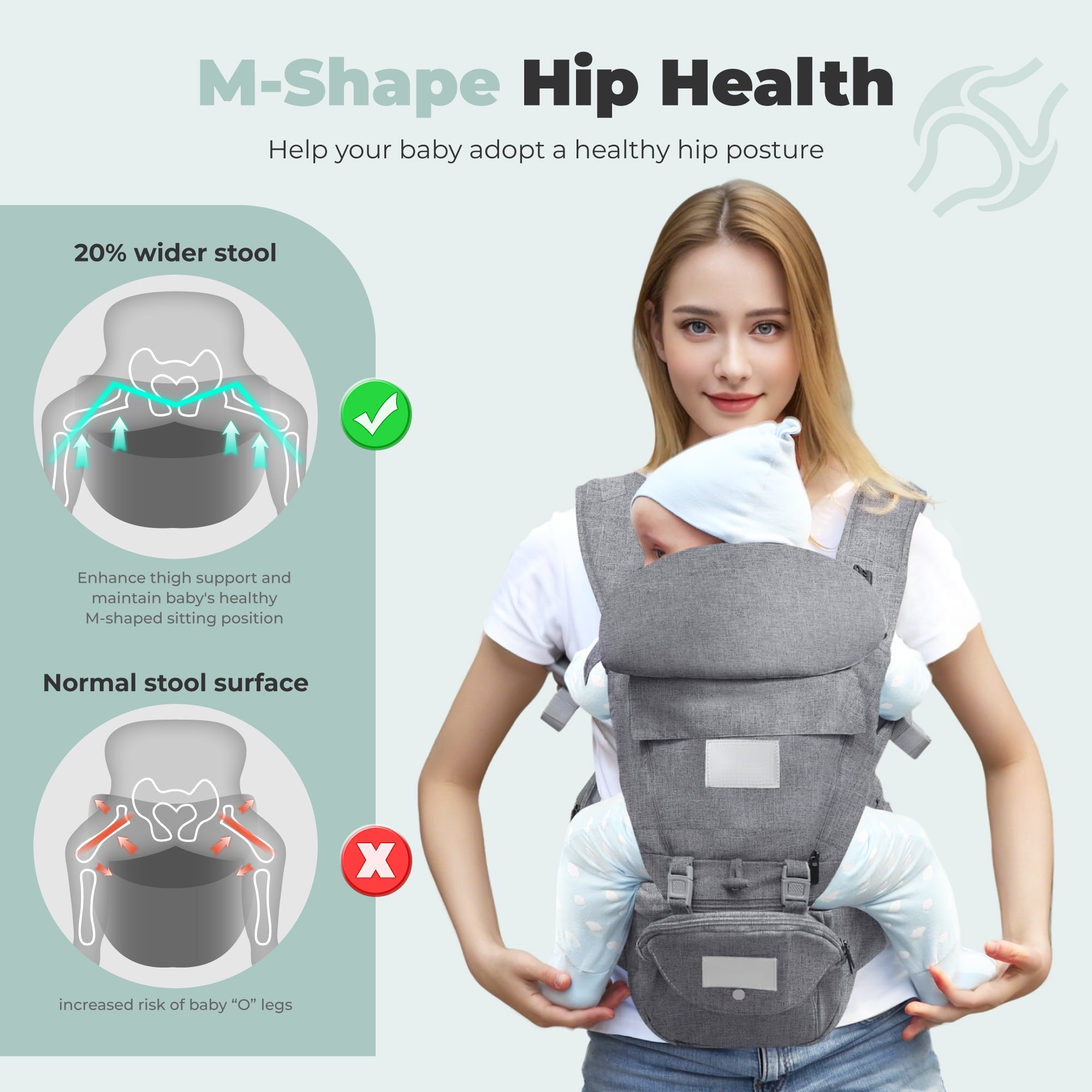 Scafild | 6-in-1 Baby Carrier with Waist Stool Hip Seat&Head Support for Breastfeeding Newborn Infant Toddler - Light Gray
