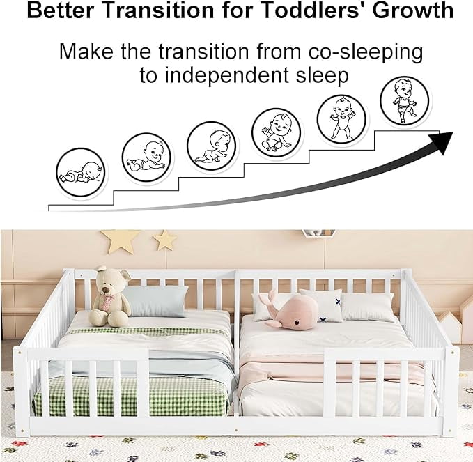 Kumix Double Floor Bed with Fence Guardrails, Wood Double Twin Floor Beds for Twins, Floor Bed for 1-3, Two Shared Beds, Floor Bed, Easy Assembly, White