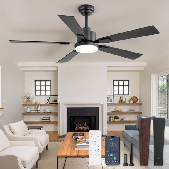 Lokivas 52in Ceiling Fan with Light and Remote & App Control, Adjustable Downrod Mount, 6 Speeds, Reversible, Black