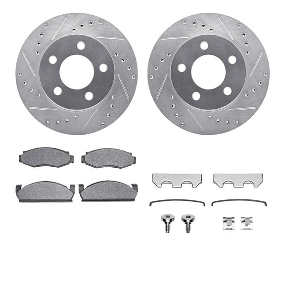 Dynamic Friction Company Front Brake Rotors-Drilled and Slotted-Silver with Ultimate Duty Performance Brake Pads includes Hardware 7412-42017