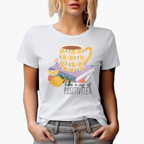 Have a Cup of Positivitea Quote & Cute Hand Drawn Teacup with Lemons Art Merch Gift, White T-Shirt, Small