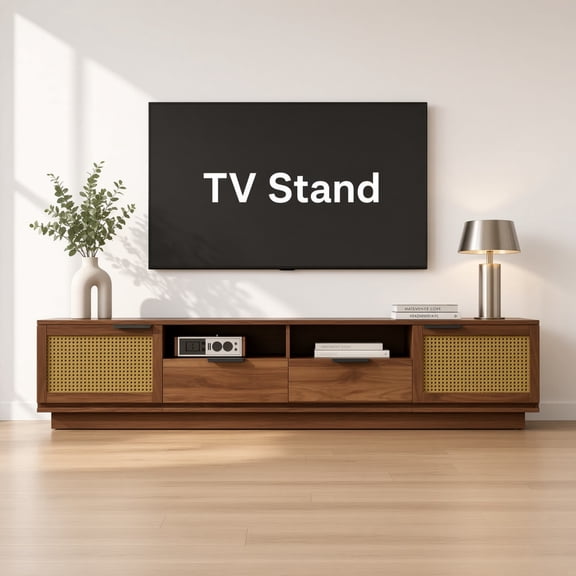 78-Inch TV Stand for TVs up to 85-inch, Media Console with Rattan Front Panels, Two Drawers and Open Shelving for Living Room, Modern Entertainment Center