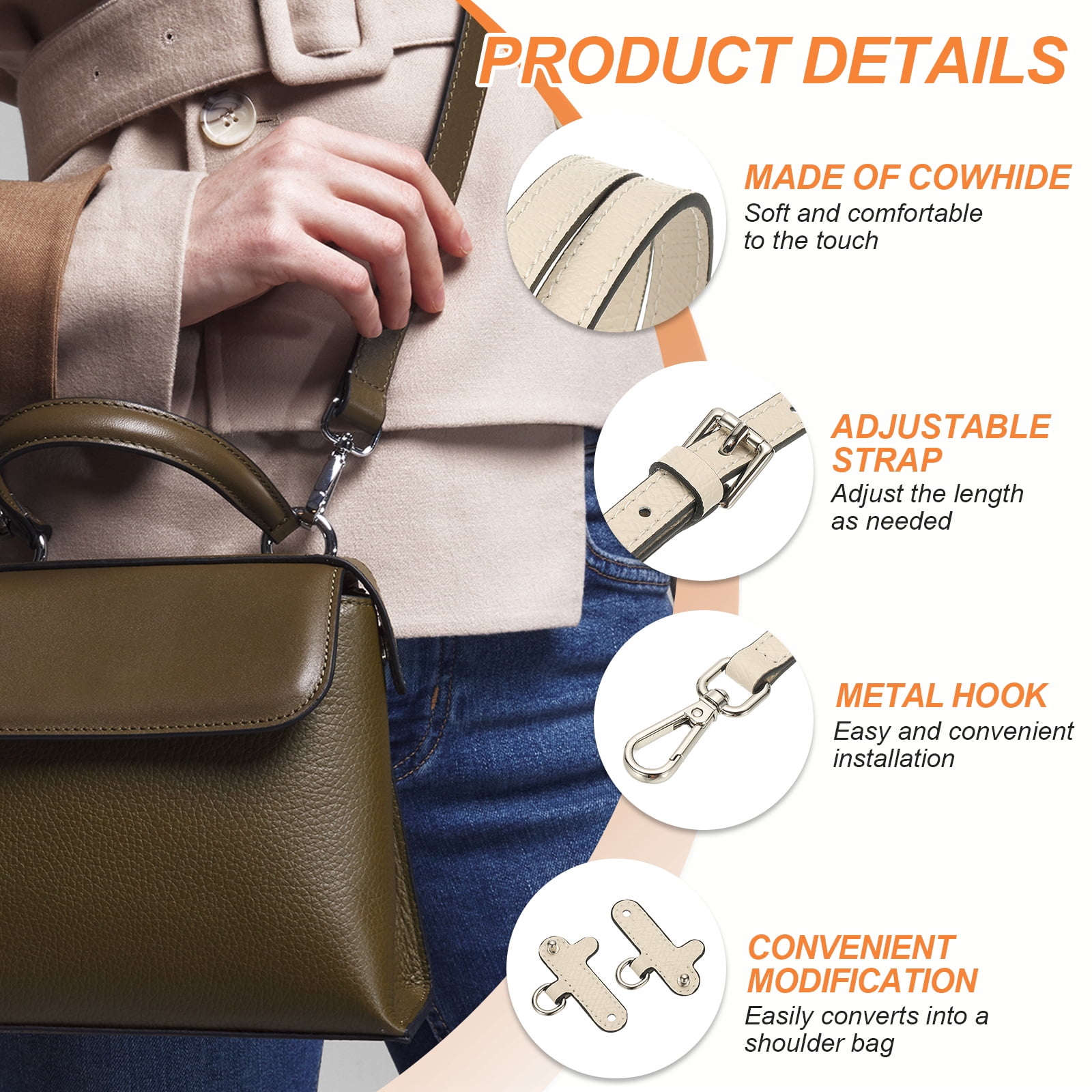 Leather Shoulder Strap, Adjustable Purse Straps Replacement Kit with Clasp for Handbag, Cream White