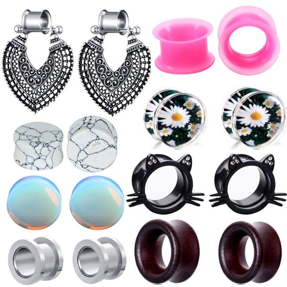 8 Pairs Surigcal Steel Woman Dangle Gauges Ear Tunnels Plugs Silicone Opal Stone Turquoise Wooden Earrings Gauges Black Cat 2G-5/8 8mm=0g
