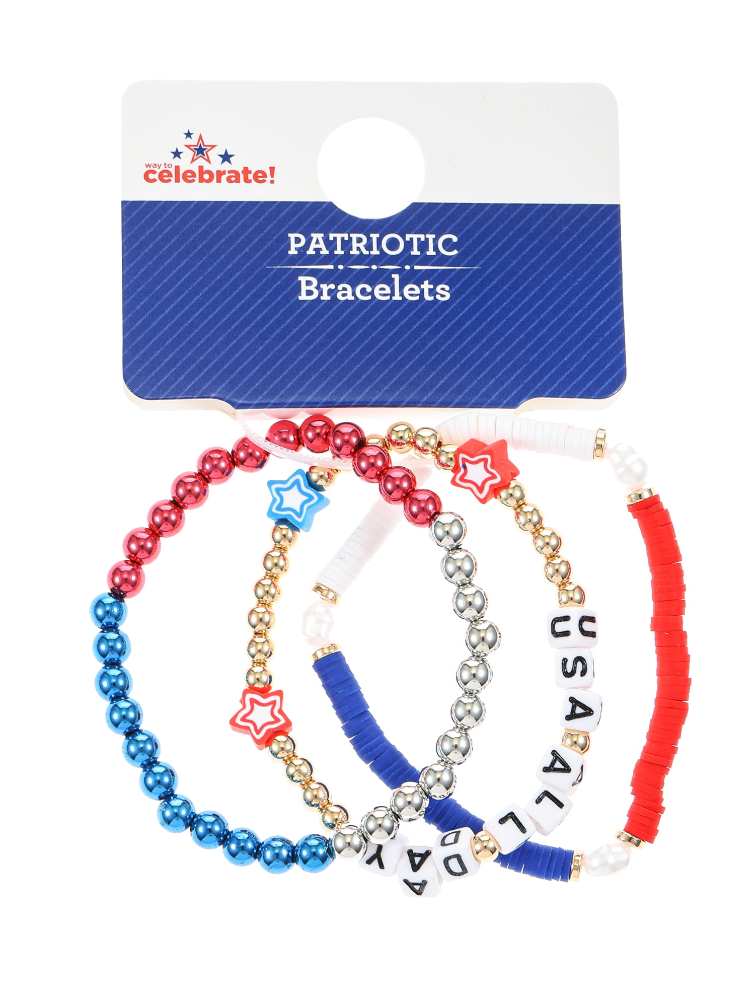 Way to Celebrate Americana "USA All Day" Beaded, Stretch Bracelets, 3 Pieces