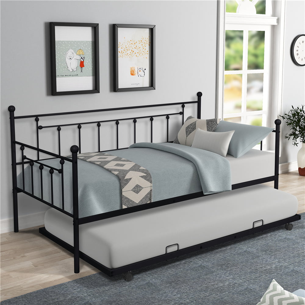 Daybed w/ Trundle Included, Twin Trundle Bed Frame w/ Metal Slat