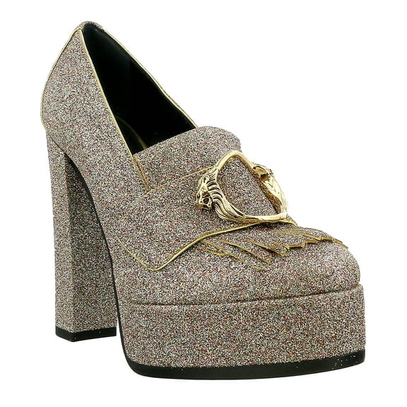 Roberto Cavalli Glitter Silver Gold Glitter Block High Heel  Pump-5 for Womens