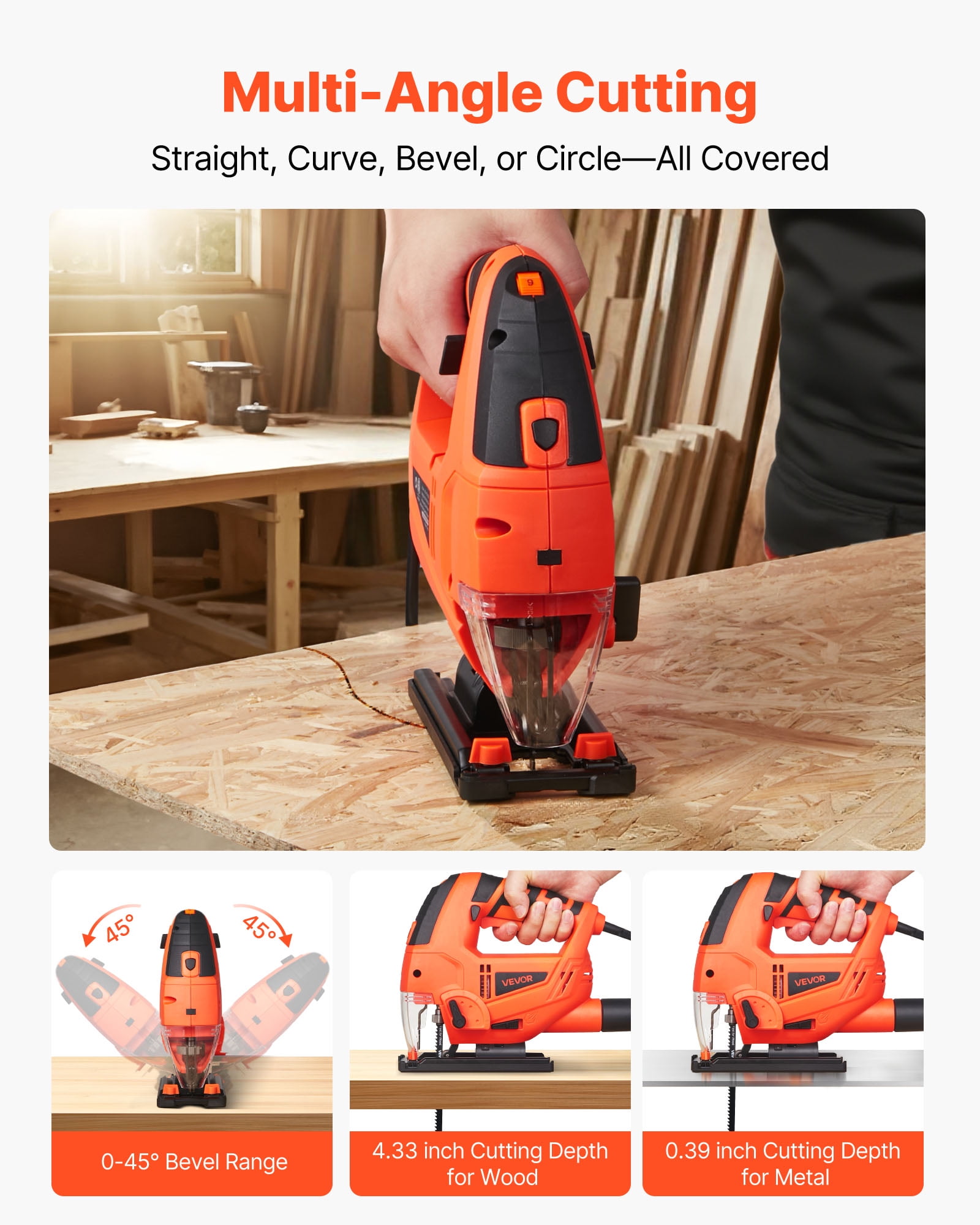 VEVOR Jig Saw, 6.5 Amp, 3000 SPM Blade Speed, Electric Jigsaw with 6 pcs Blades, LED Light, 6 Variable Speed, 0- 45° Bevel Cuts, 4 Orbital Settings for Straight/Circle Cutting, for Wood and Metal