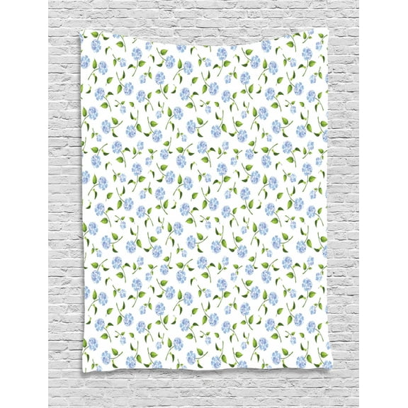Floral Tapestry, Watercolor Hydrangea Flowers and Leaves Composed on a Plain Background, Wall Hanging for Bedroom Living Room Dorm Decor, 60W X 80L Inches, Ceil Blue Green White, by Ambesonne