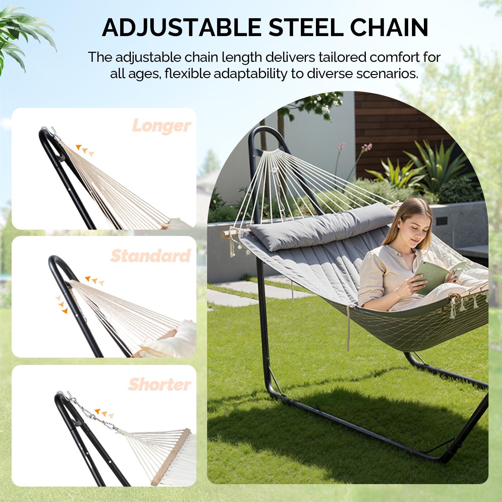 Zimtown Hammock Set, Heavy Duty Double Bar Frame with Quilted Bed & Bottom Storage Net, Gray & Black