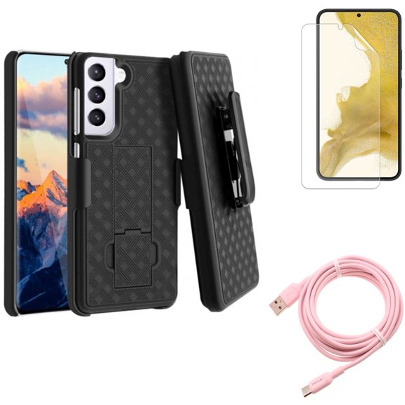 For Samsung Galaxy S21 (6.2") - Charger Cord Pink 10ft Long USB-C Cable   Swivel Holster Case Belt Clip   Anti-Glare TPU Film Matte Screen Protector