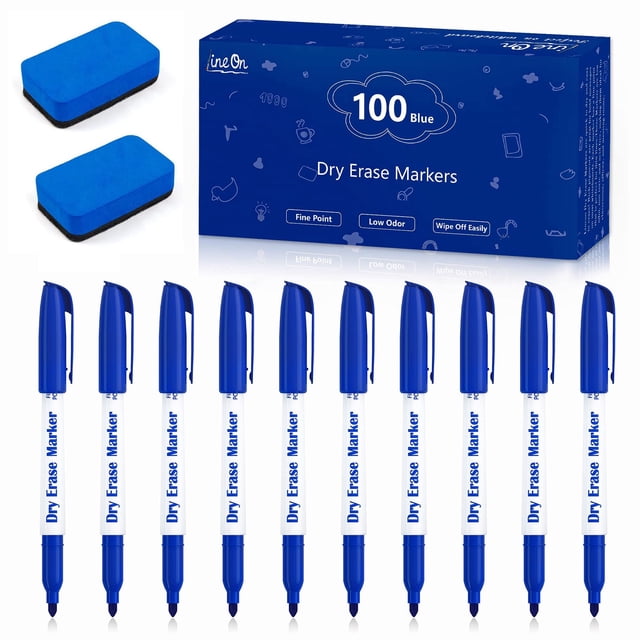 Lineon Marqueurs Effaçables à Sec avec Gomme, Pointe Fine, Bleu, 100 Unités