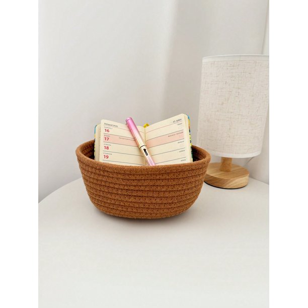 1pc Handmade Thick Rope Woven Oval Shaped Desktop Sundries Storage Basket, Multicolor