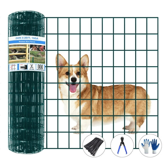 GILPWA Welded Wire Fence 25ft(L) x 24inch(H) Garden Fence for Dog 2 Inch x 3 Inch 16GA Fencing for Chicken PVC Coated Anti-Rust Roll Metal Wire Mesh Fence for Yard Vegetable Green