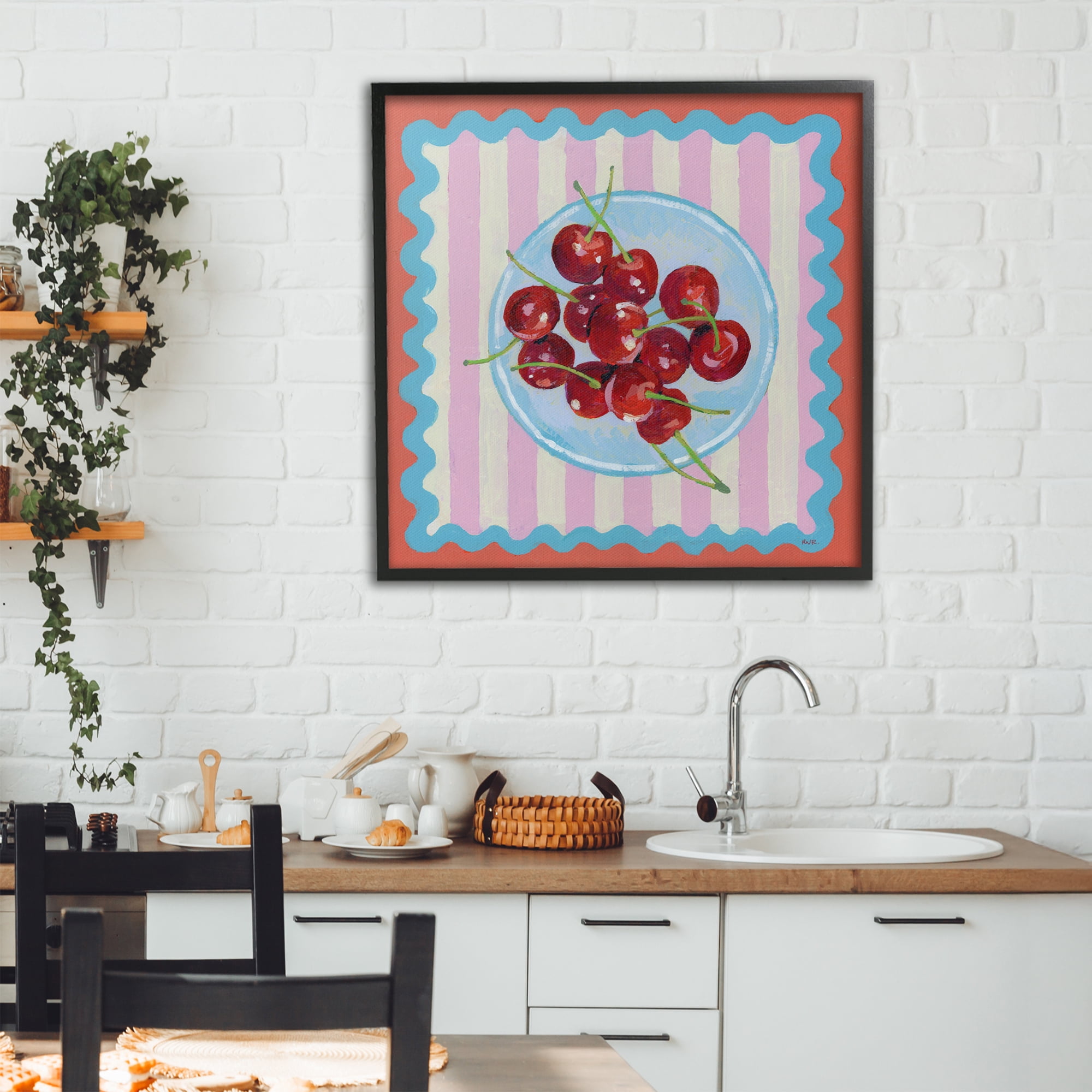 Stupell Industries Red Cherries over Pink Stripes Black Framed Giclee Art, design by Rachael Reese