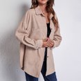 thumbnail image 4 of Camisa holgada de longitud media para mujer Chaqueta con botones de pana Abrigo de manga larga con hombros caídos con paneles Caqui M, 4 of 7