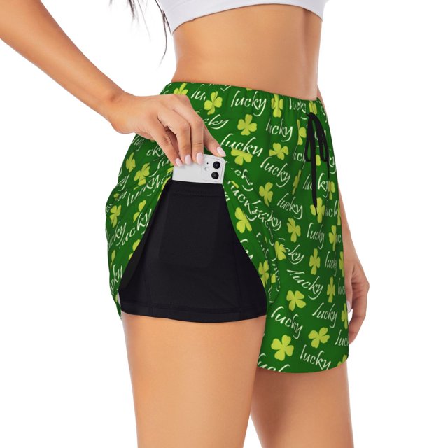Balery Happy St. Patrick's Day Pantalones cortos deportivos para mujer con forro y dos bolsillos, elásticos, para entrenamiento, gimnasio, yoga-Large