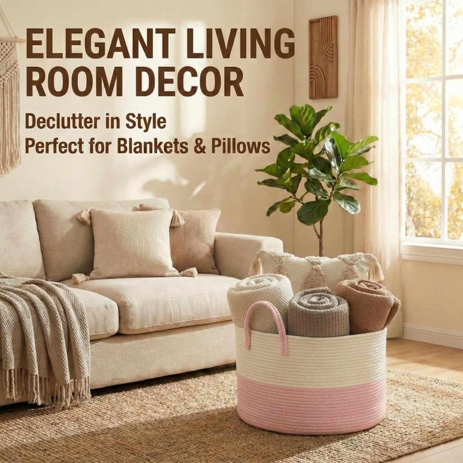65L Extra Large Blanket Basket for Living Room - Woven Cotton Rope Laundry Hamper with Reinforced Handles - Storage Bin for Pillows, Comforters & Toys - Machine Washable,Black&Grey